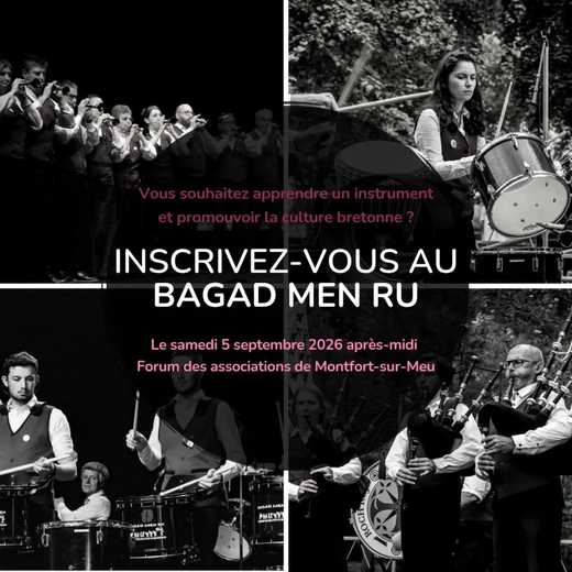 Vous souhaitez apprendre un instrument et promouvoir la culture bretonne ?
Inscrivez-vous au bagad Men Ru !
Le samedi 5 septembre 2026 après-midi le bagad sera présent au forum des associations de Montfort-sur-Meu dans la salle Jakez Jossé.